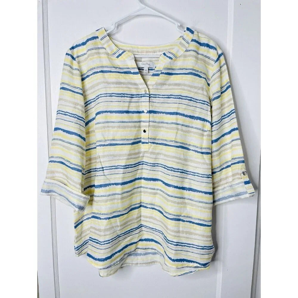 Coral Bay Blouse XL Linen Blend Boho Travel Resort Stripe Roll Tab Sleeves Woven